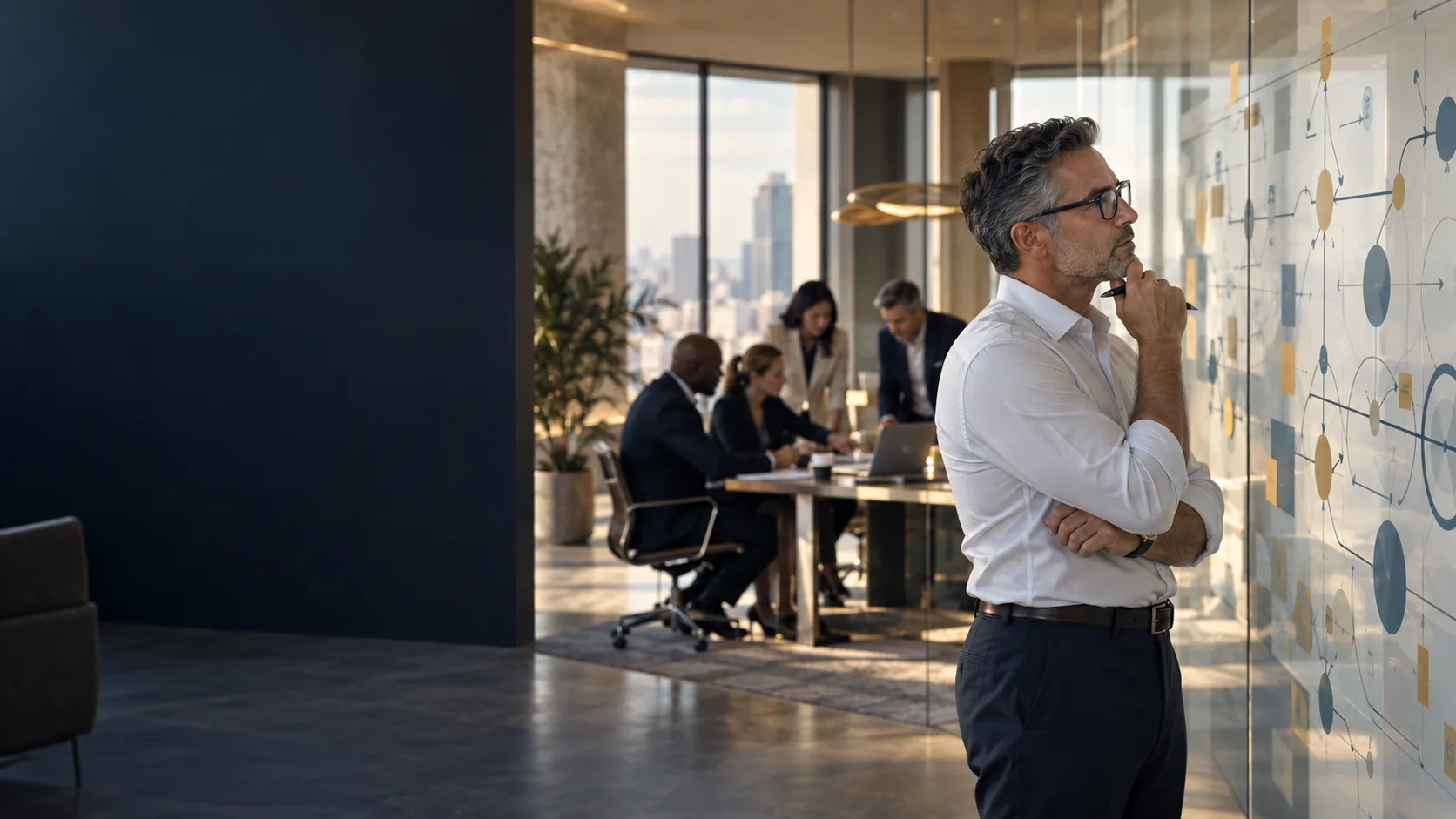 A leader studying a transformation map on a glass wall while colleagues meet in the room behind him.