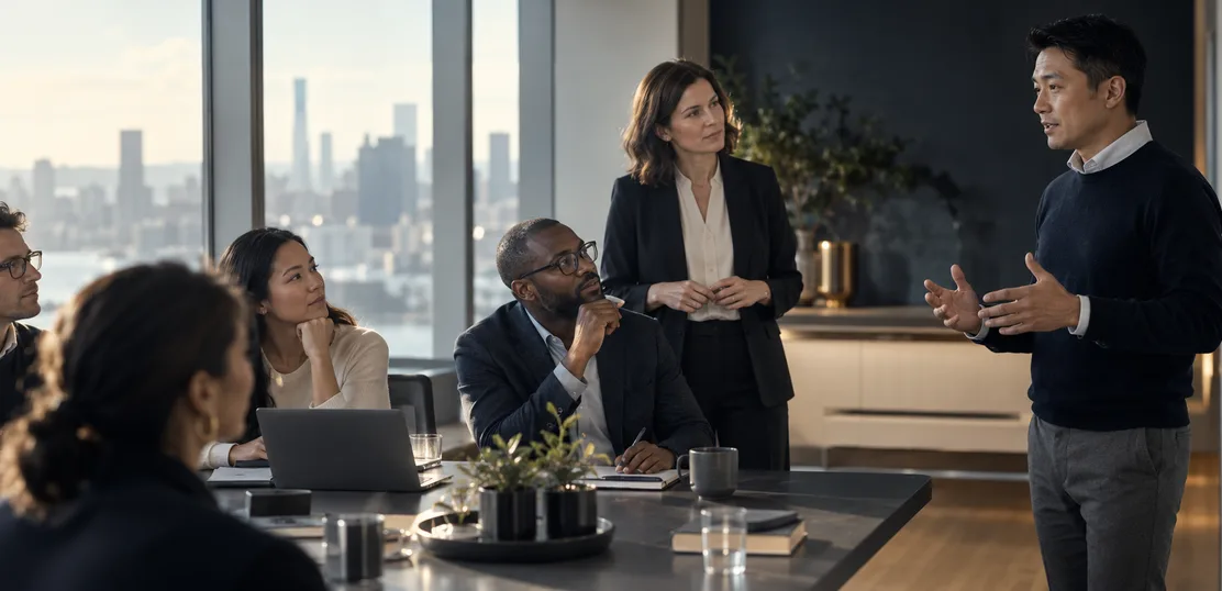 A transformation leader presenting an AI workforce plan to colleagues around a boardroom table.