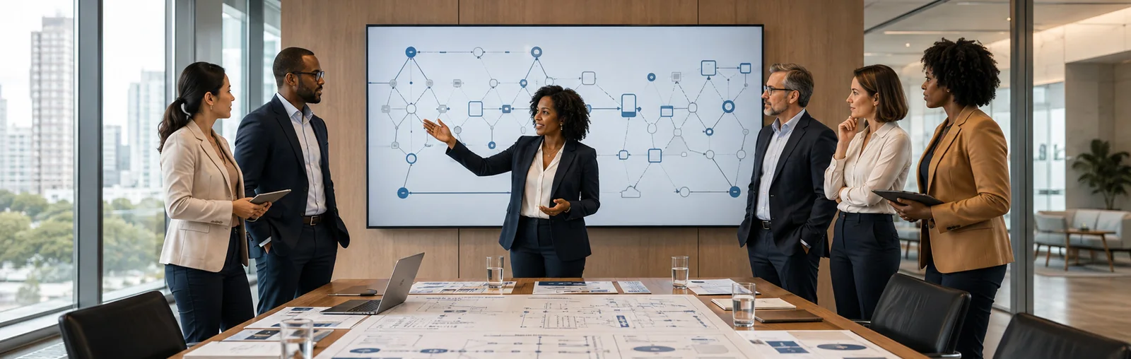 Diverse senior leaders discussing an enterprise transformation roadmap in a modern strategy room.