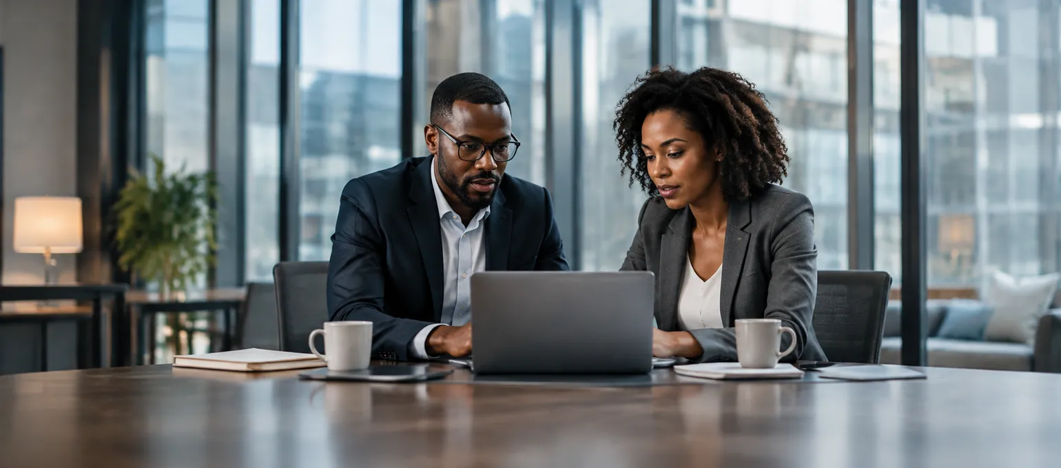 Two colleagues working together at a laptop.