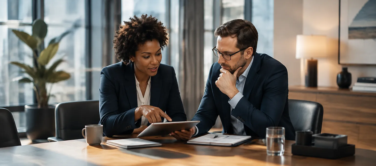 Two colleagues reviewing a tablet across a meeting table.