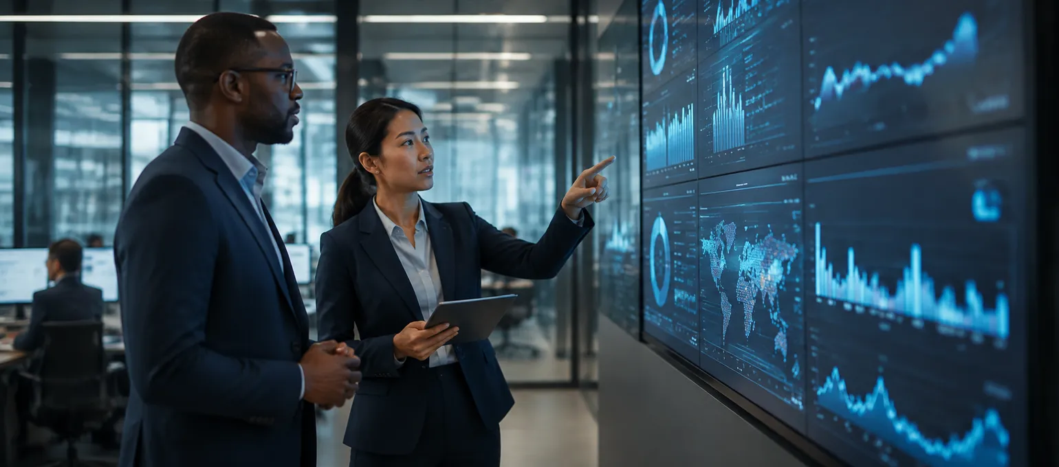 Two people reviewing charts on a large analytics display.