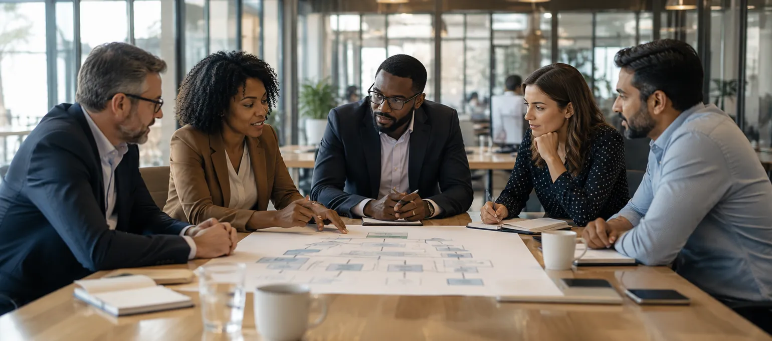 Five colleagues around a table reviewing a printed plan.