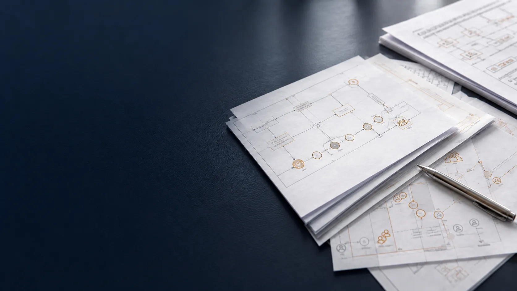 A printed workflow diagram with a pen resting on it.