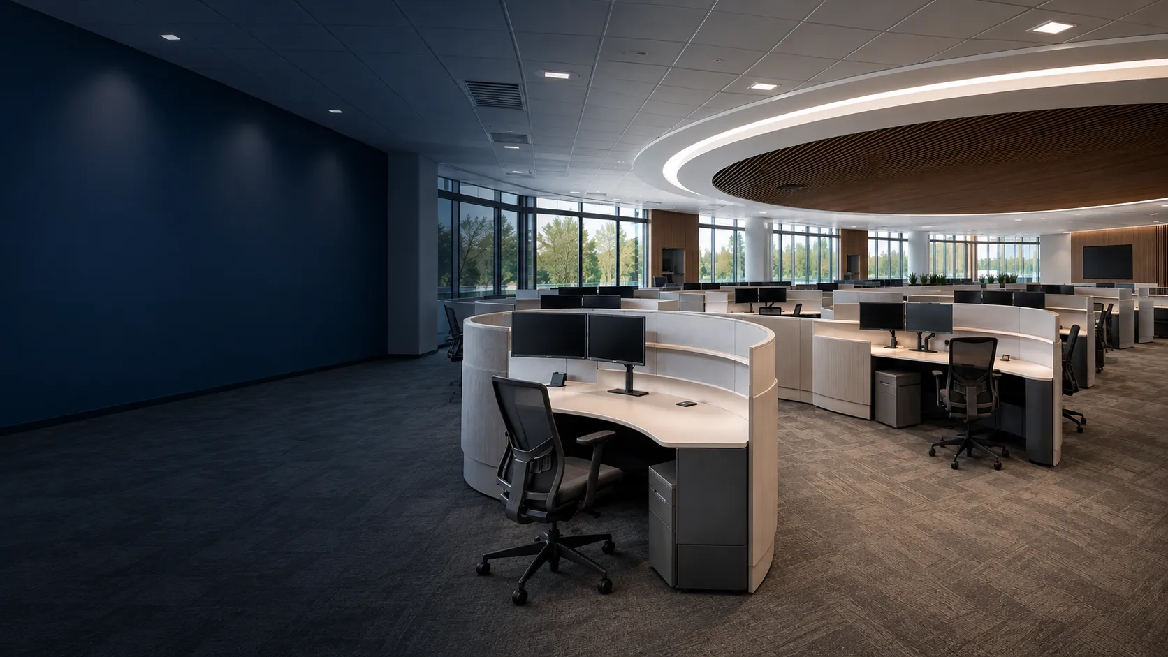 An open-plan contact centre floor.