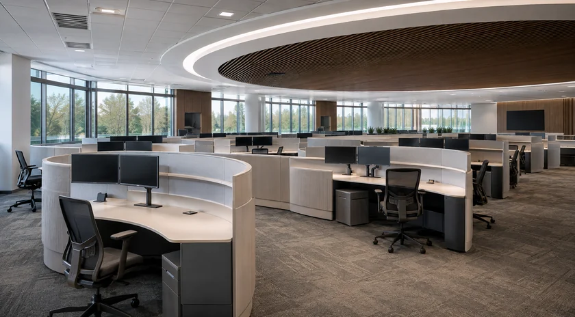 An open-plan contact centre floor.