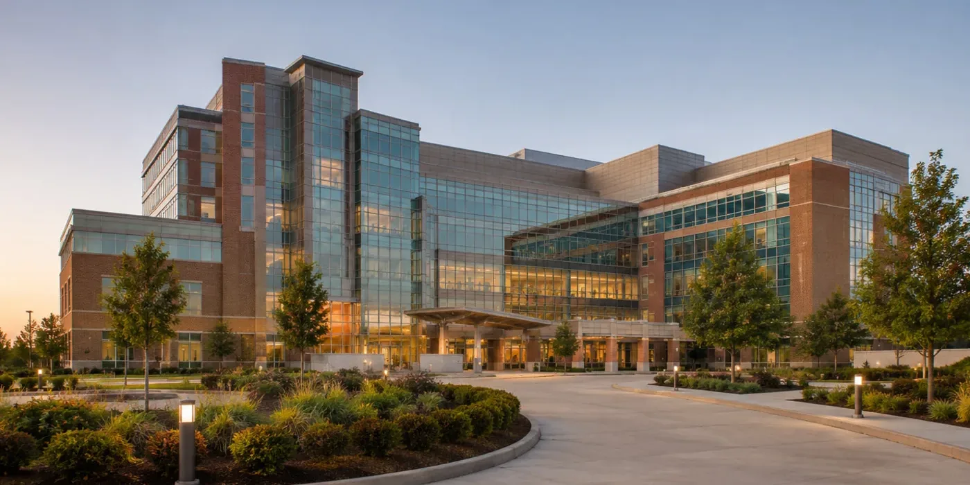 Modern academic healthcare campus in warm late-afternoon light.