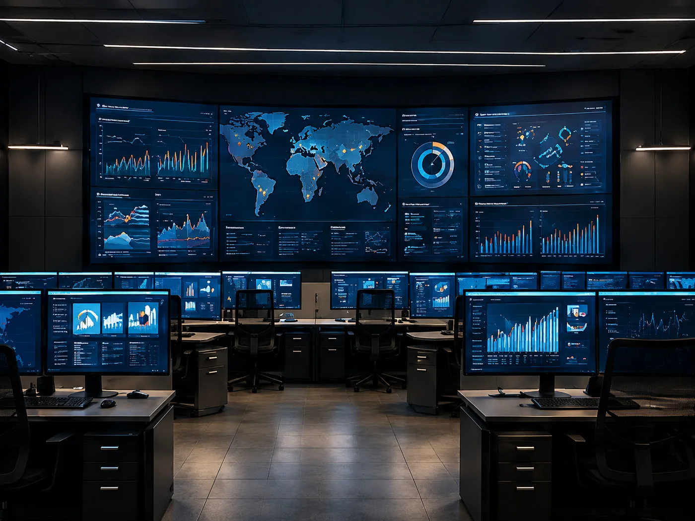 An operations centre with wall-mounted dashboards.