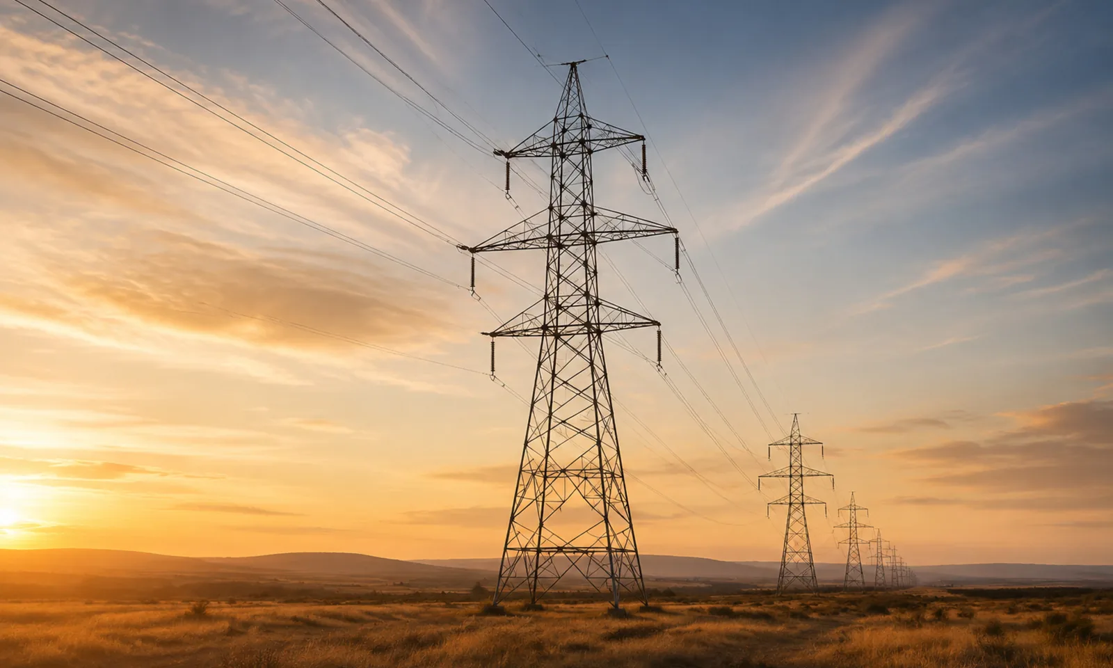 Electricity transmission towers against a dusk sky.