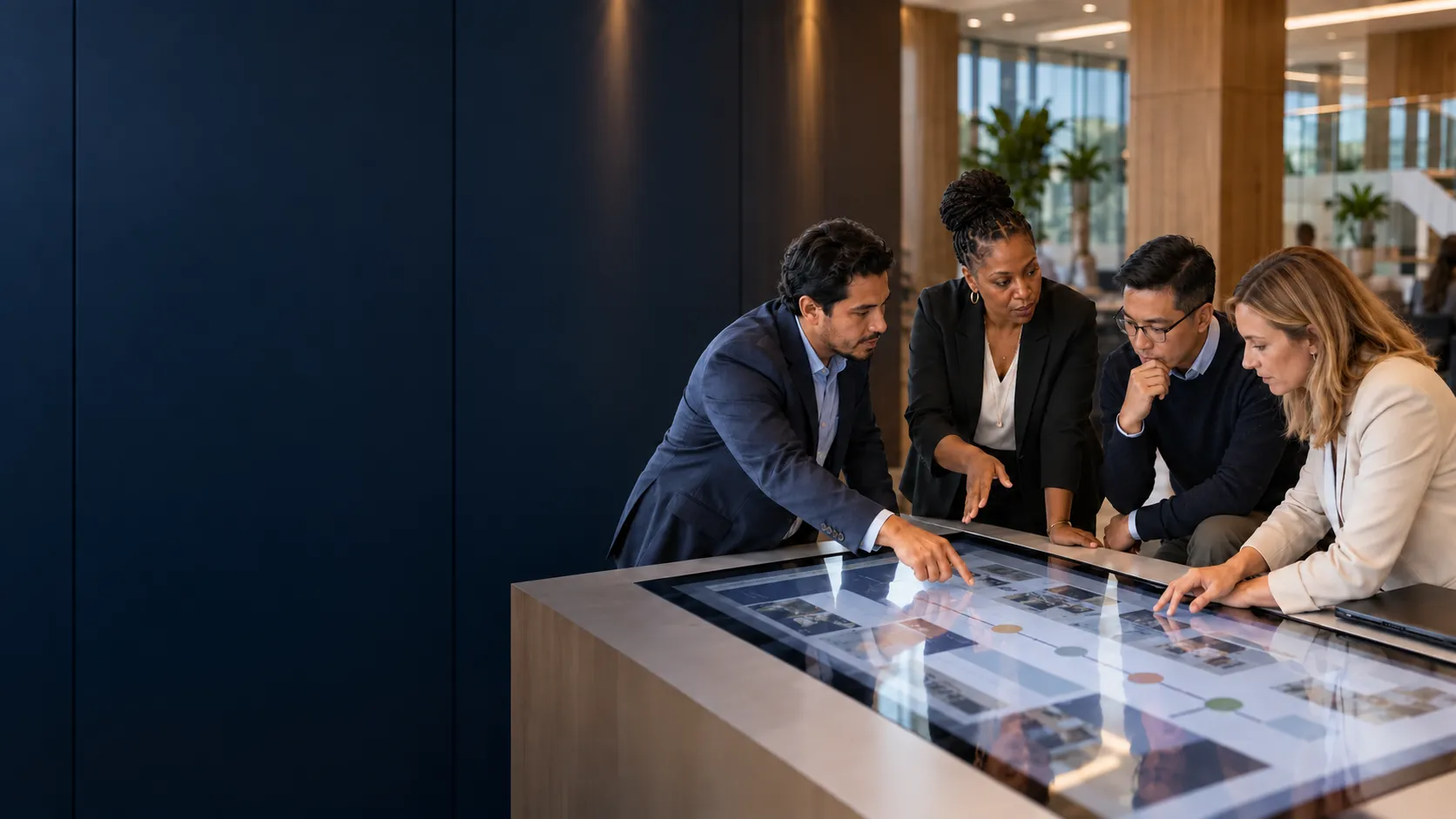 Four colleagues reviewing a workforce roadmap on a large touchscreen table in a modern technology workplace.
