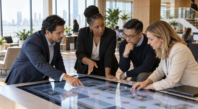 Four colleagues reviewing a workforce roadmap on a large touchscreen table in a modern technology workplace.