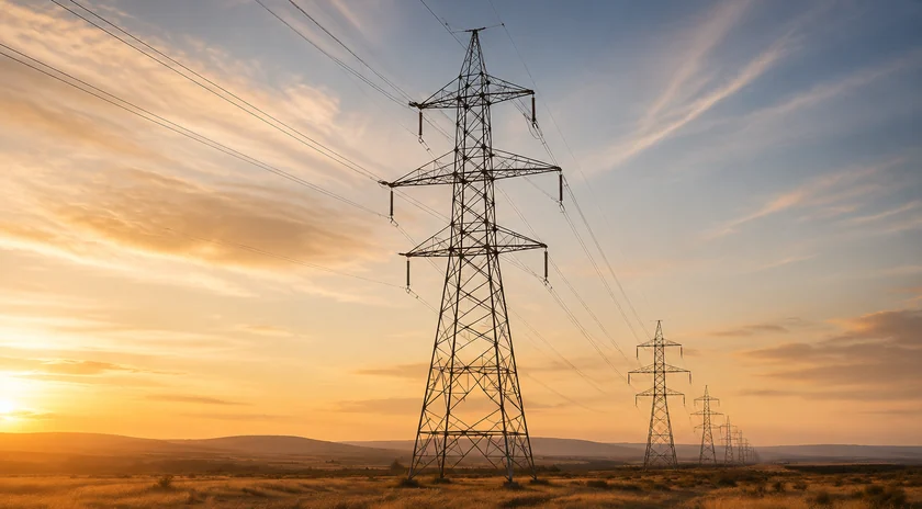Electricity transmission towers at sunset.