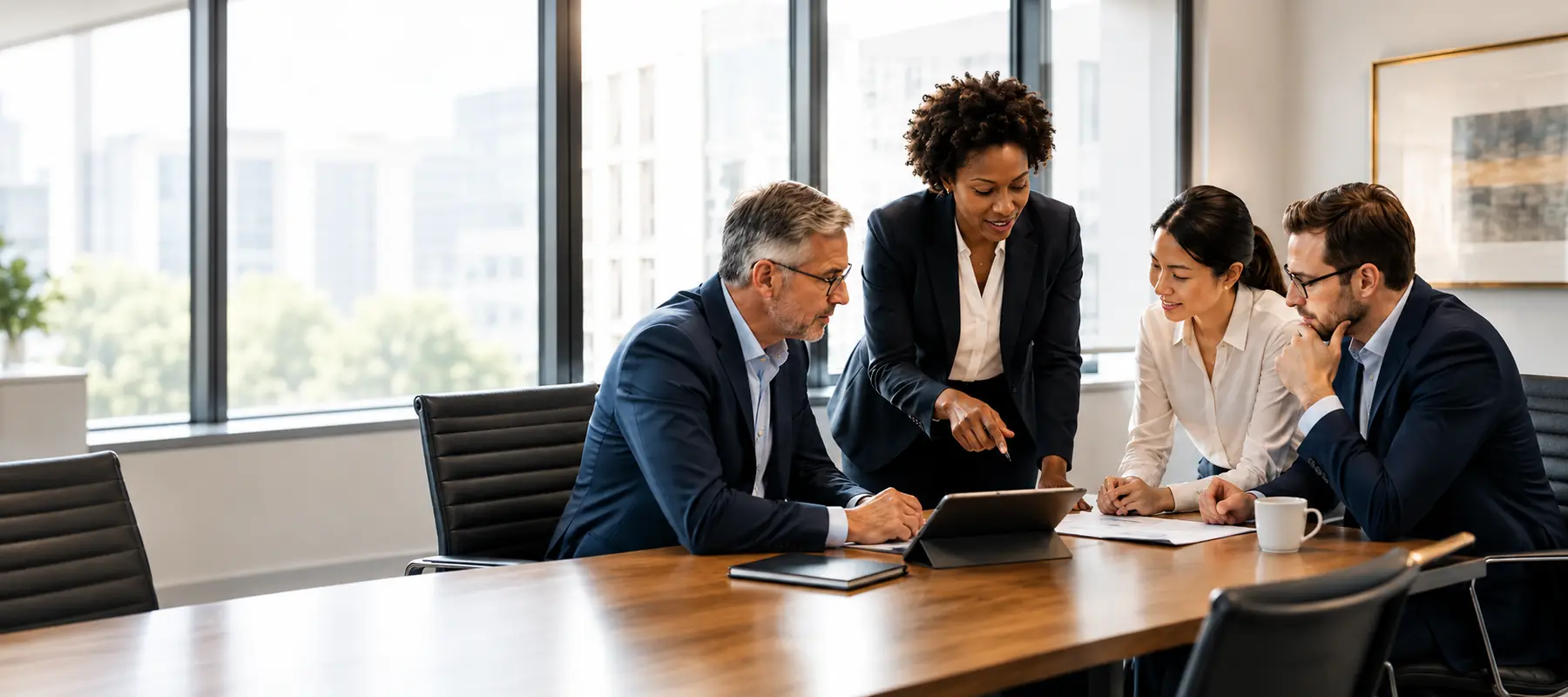 Four executives in discussion around a boardroom table.