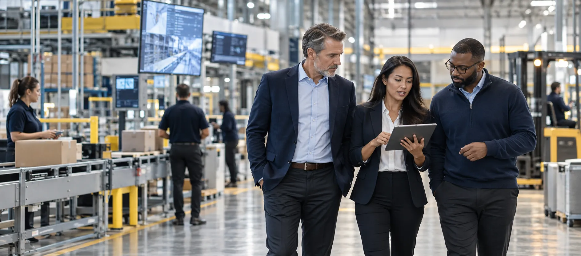 Three colleagues reviewing a tablet while walking the floor of an automated fulfilment facility.