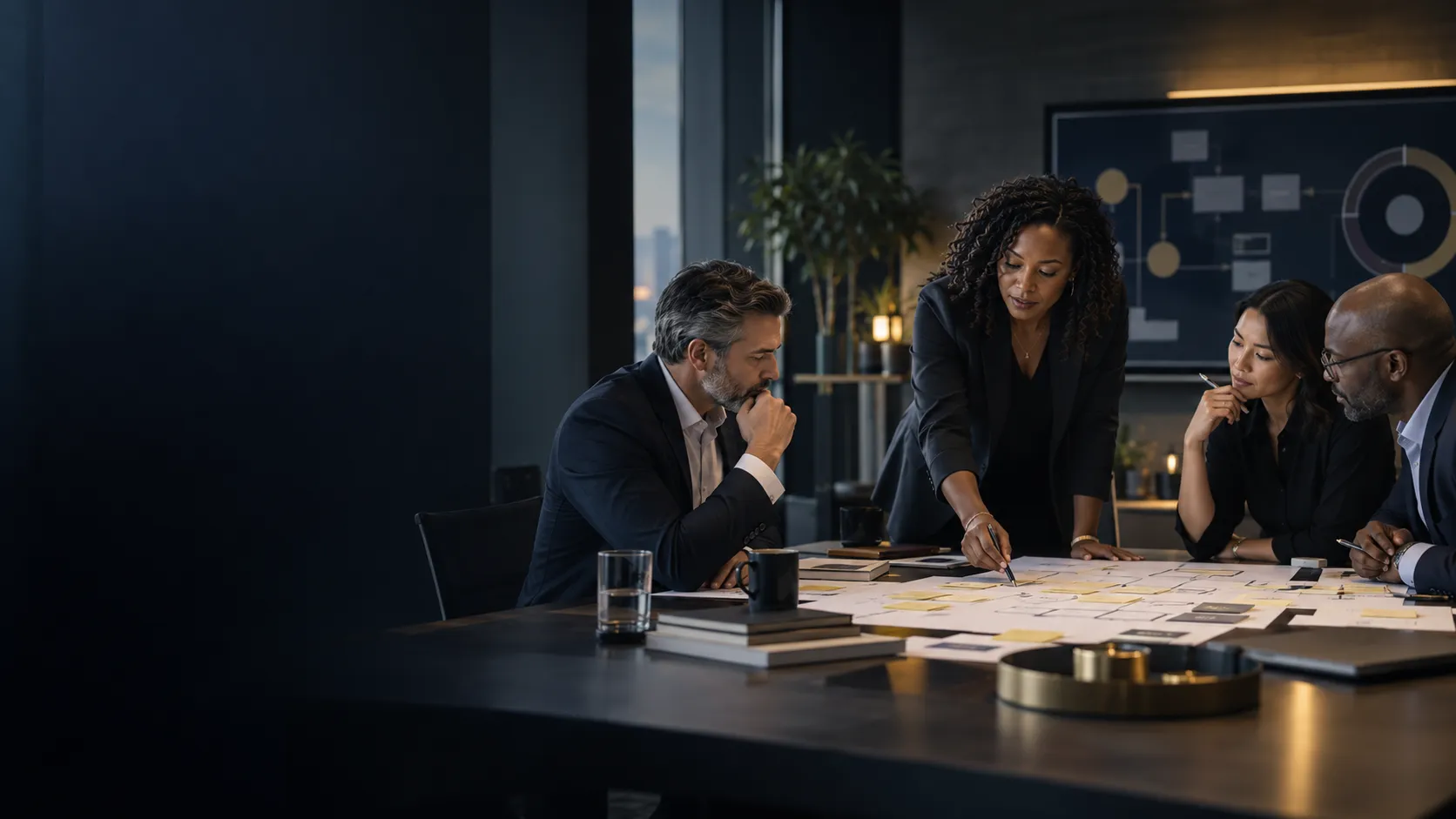 A change leader walking colleagues through an enterprise change portfolio laid out across a boardroom table.