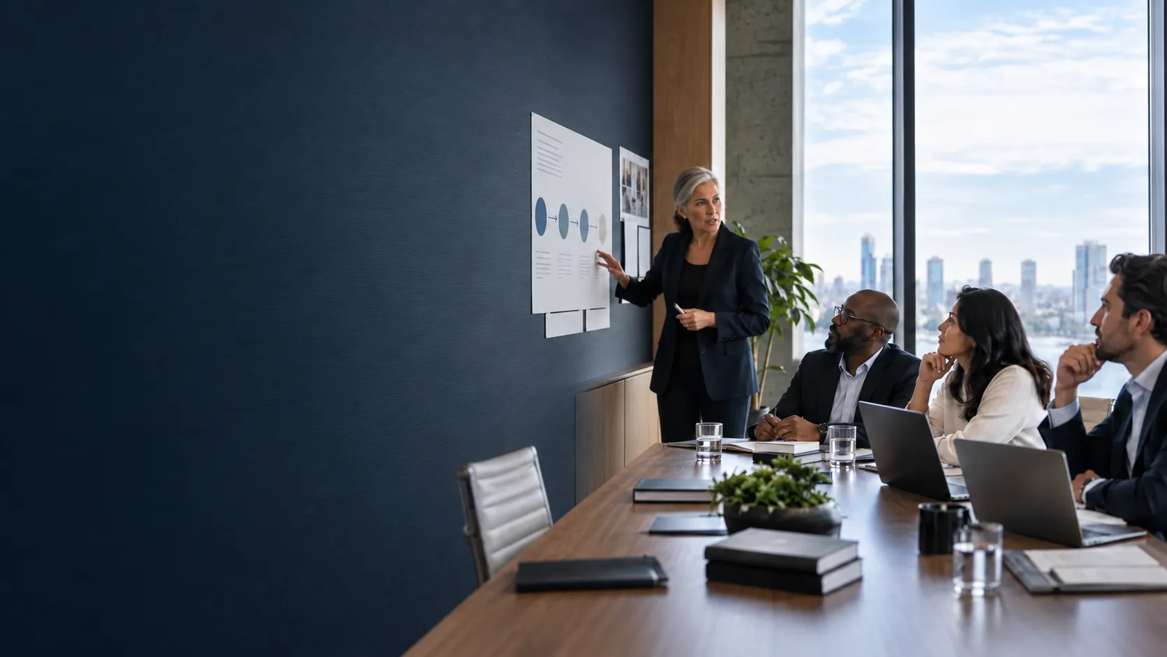 A transformation leader presenting a change roadmap to colleagues in a boardroom.
