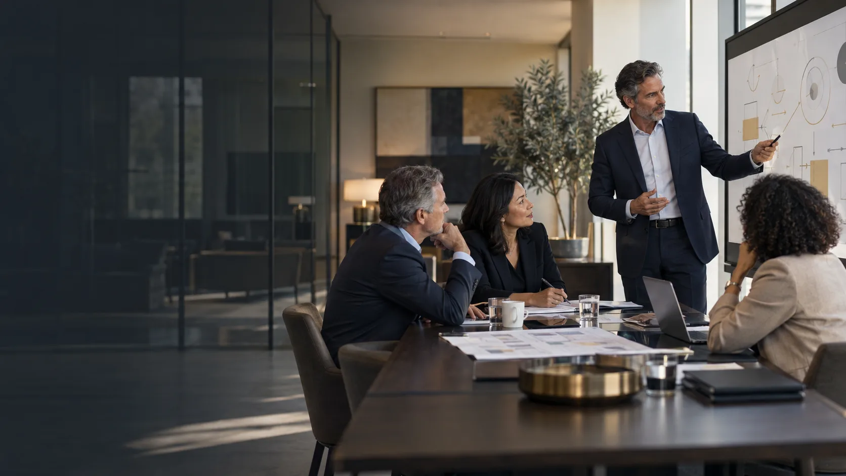 A consultant presenting a transformation plan on a wall screen to three colleagues at a boardroom table.